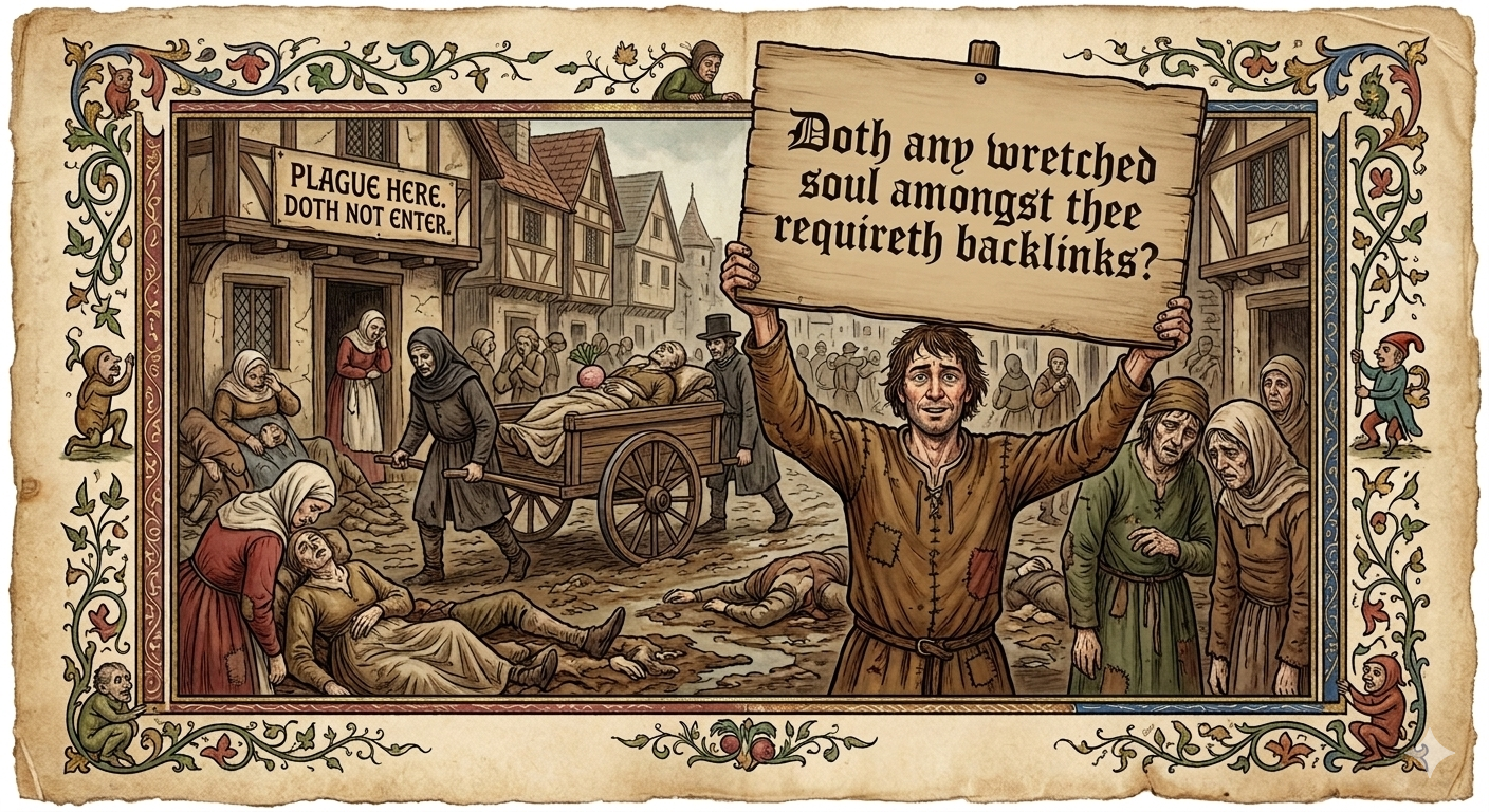 medieval peasant holding a sign saying doth any wretched soul requireth backlinks in a plague ridden village