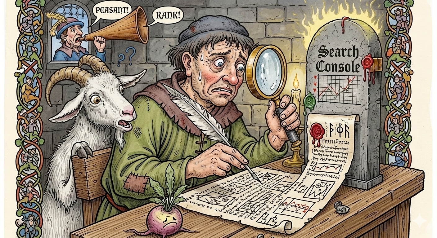 medieval peasant performing a technical SEO audit by candlelight with a goat and a quill, Search Console visible in the background