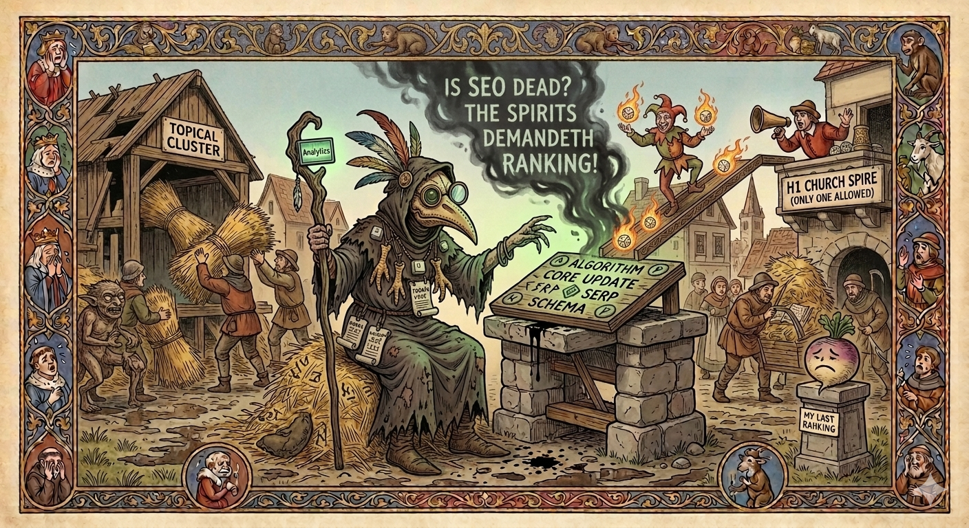 medieval plague doctor surrounded by SEO terms like algorithm core update SERP and schema with is SEO dead the spirits demandeth ranking written in smoke